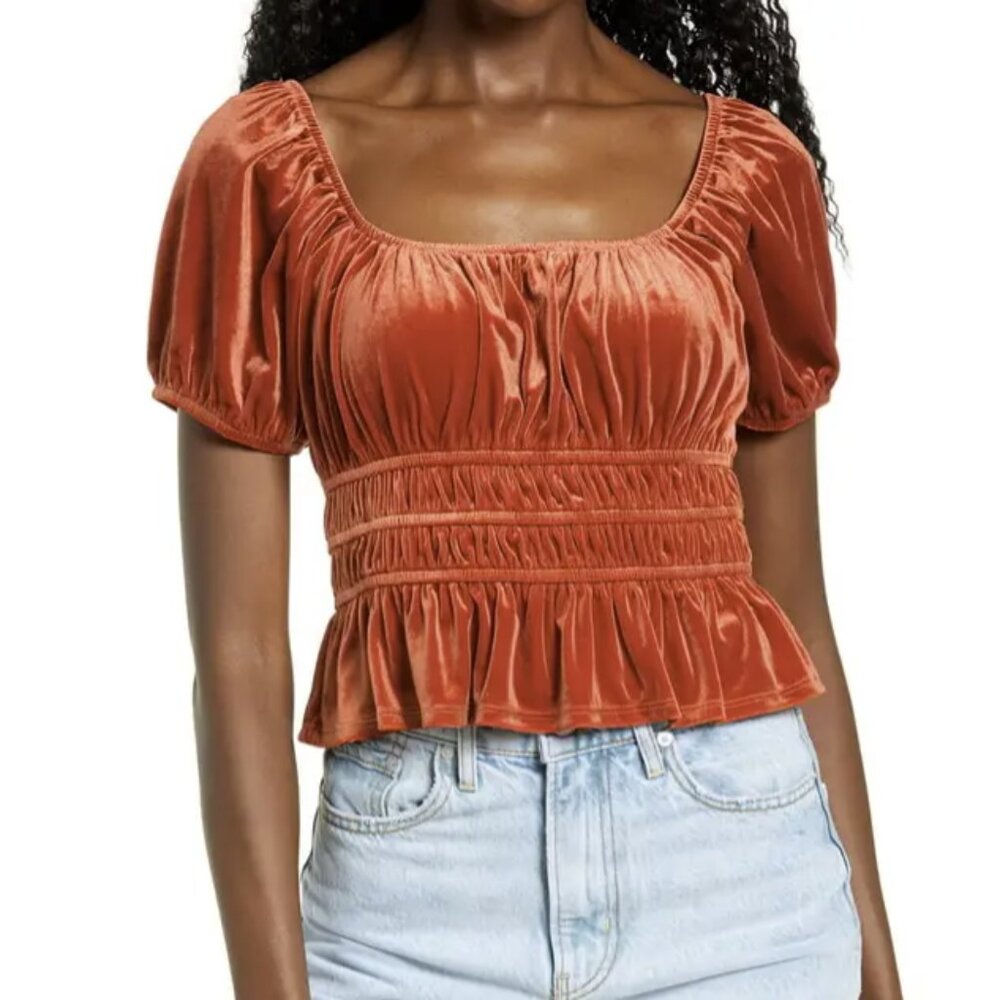 Altar'd State Rust Red Orange Velvet Boho Short Sleeve Peplum Crop Top XS